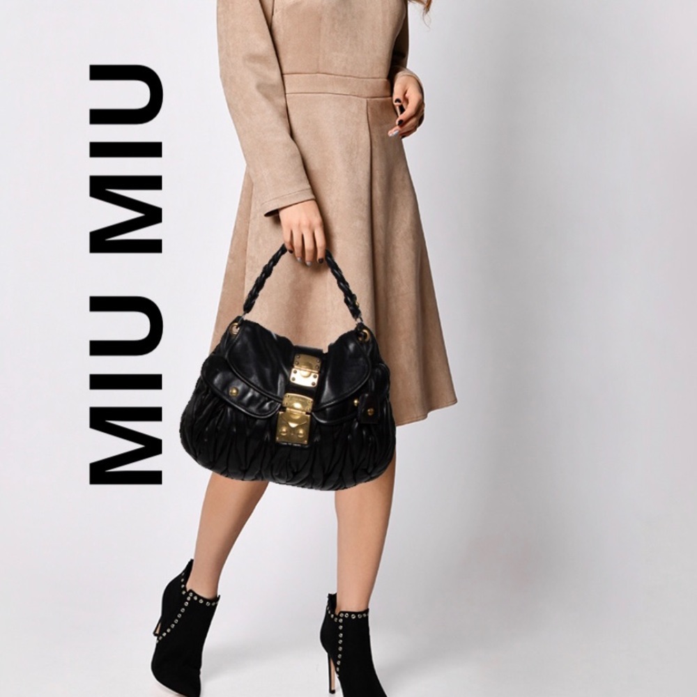 Miu Miu Black Matelassé Lux Leather Coffer Hobo